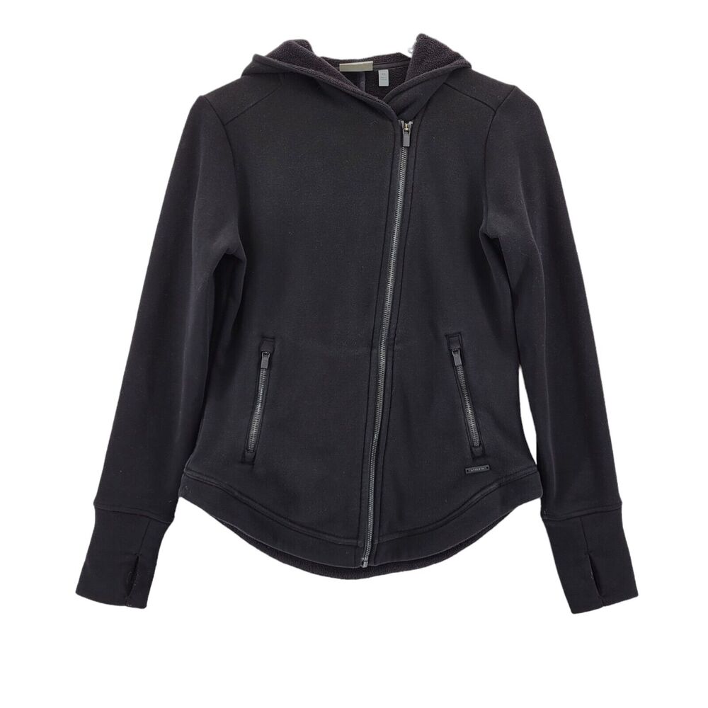 Athleta Full Zip Heavyweight Fleece Jacket Size XS Black Asymmetrical Thumbholes